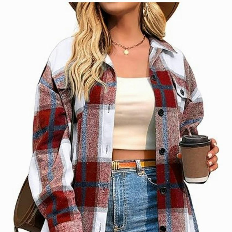 CozyPlaid™ Plus-Size Women’s Oversized Shacket — Long-Sleeve Flannel Button-Down Shirt Jacket for Fall & Winter, Casual Layered Blouse