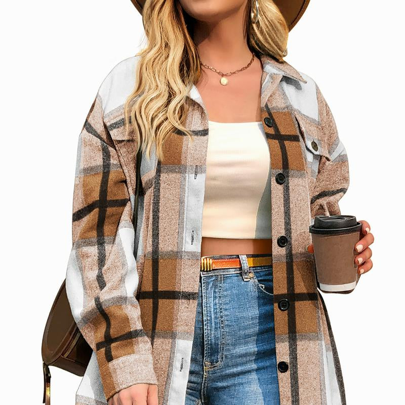 CozyPlaid™ Plus-Size Women’s Oversized Shacket — Long-Sleeve Flannel Button-Down Shirt Jacket for Fall & Winter, Casual Layered Blouse
