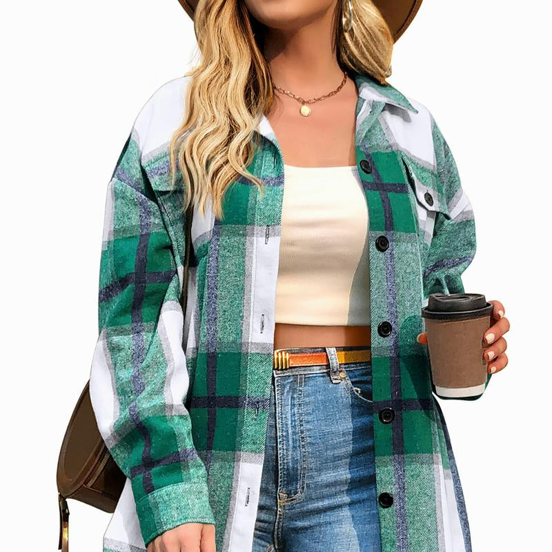 CozyPlaid™ Plus-Size Women’s Oversized Shacket — Long-Sleeve Flannel Button-Down Shirt Jacket for Fall & Winter, Casual Layered Blouse