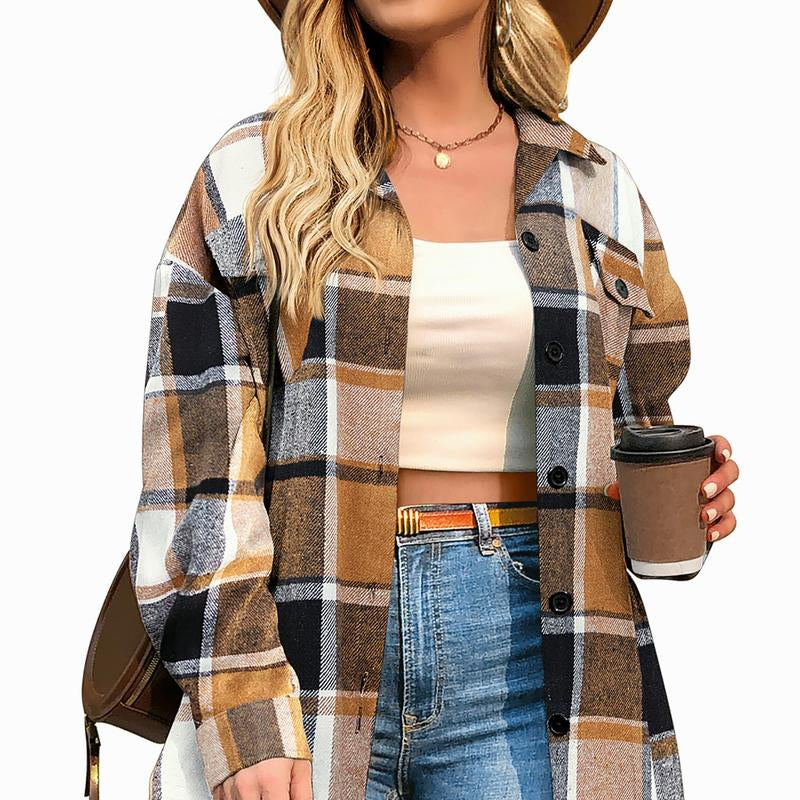 CozyPlaid™ Plus-Size Women’s Oversized Shacket — Long-Sleeve Flannel Button-Down Shirt Jacket for Fall & Winter, Casual Layered Blouse