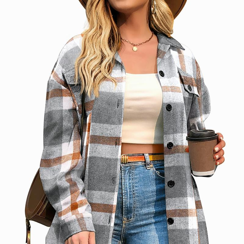 CozyPlaid™ Plus-Size Women’s Oversized Shacket — Long-Sleeve Flannel Button-Down Shirt Jacket for Fall & Winter, Casual Layered Blouse