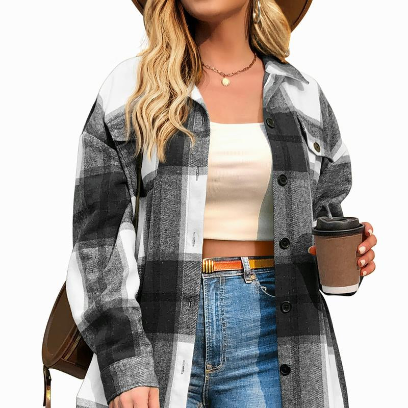 CozyPlaid™ Plus-Size Women’s Oversized Shacket — Long-Sleeve Flannel Button-Down Shirt Jacket for Fall & Winter, Casual Layered Blouse